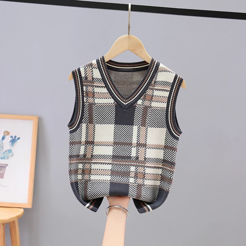学院风无袖儿童针织背心春秋新款女童毛衣马甲中大童外穿坎肩男童