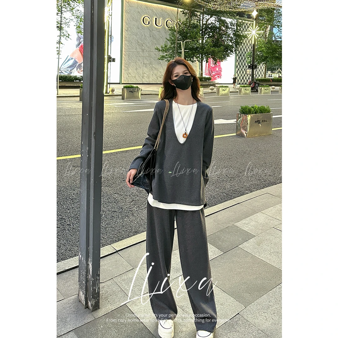 Liixu2025秋季新款简约时尚假两件撞色上衣休闲长裤两件套24TZ138