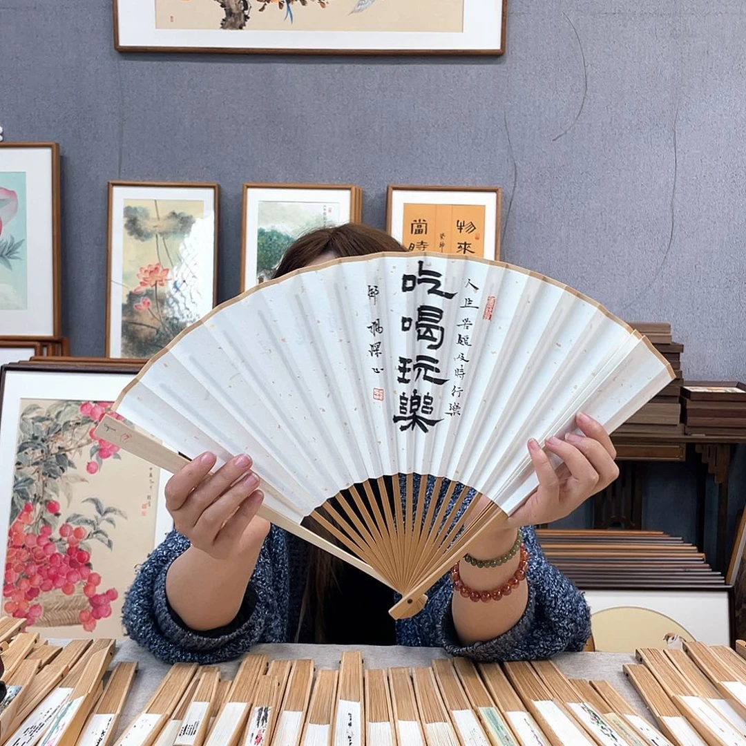 国画95寸玉竹-纯手绘-文玩扇骨（默认粘好）