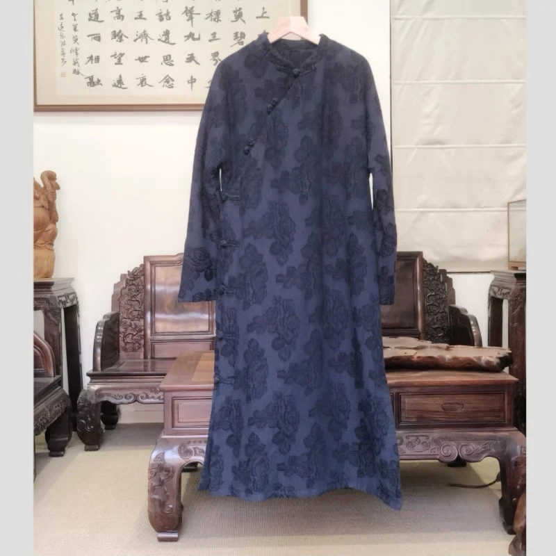 气质设计师中长款夹棉旗袍提花国风连衣裙A字裙20508