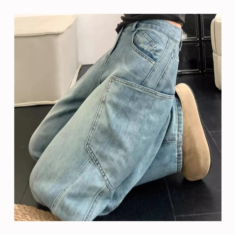 美式复古阔腿牛仔裤女2025春秋新款高腰宽松显瘦垂感直筒拖地裤子