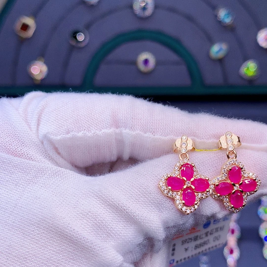 耳饰银S925镶嵌红宝石