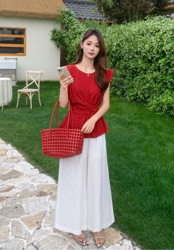 898 时尚套装裤夏季新款法式扭结收腰背心衬衫女白色阔腿裤两件套