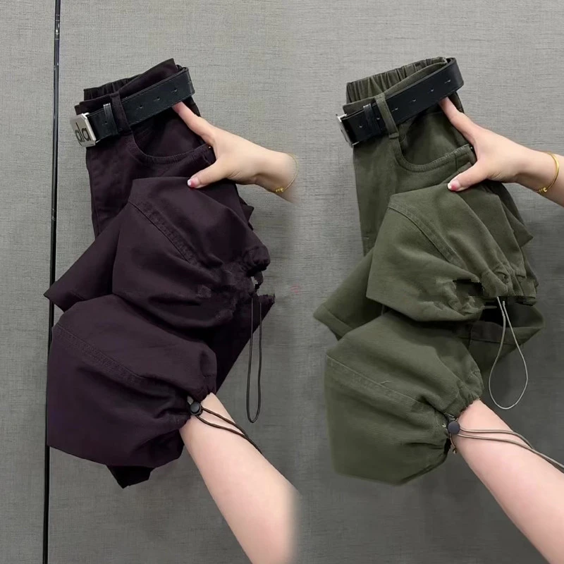 欧货休闲秋季高腰束脚裤透气厚款休闲裤洋气丹宁风哈伦裤女潮