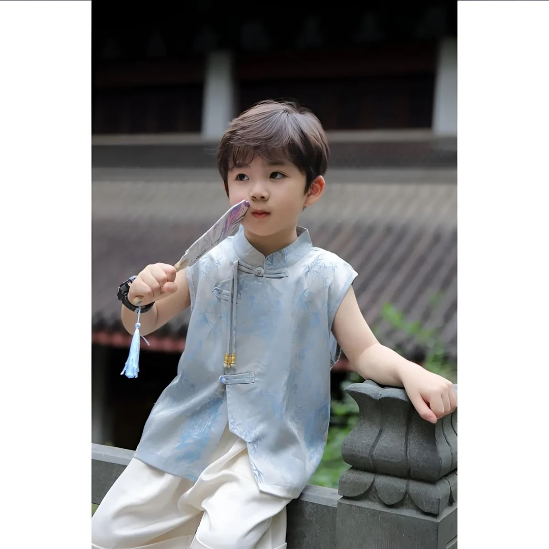 男童夏装宝宝儿童夏季2025国风套装新款汉服衬衫两件套无袖背心潮