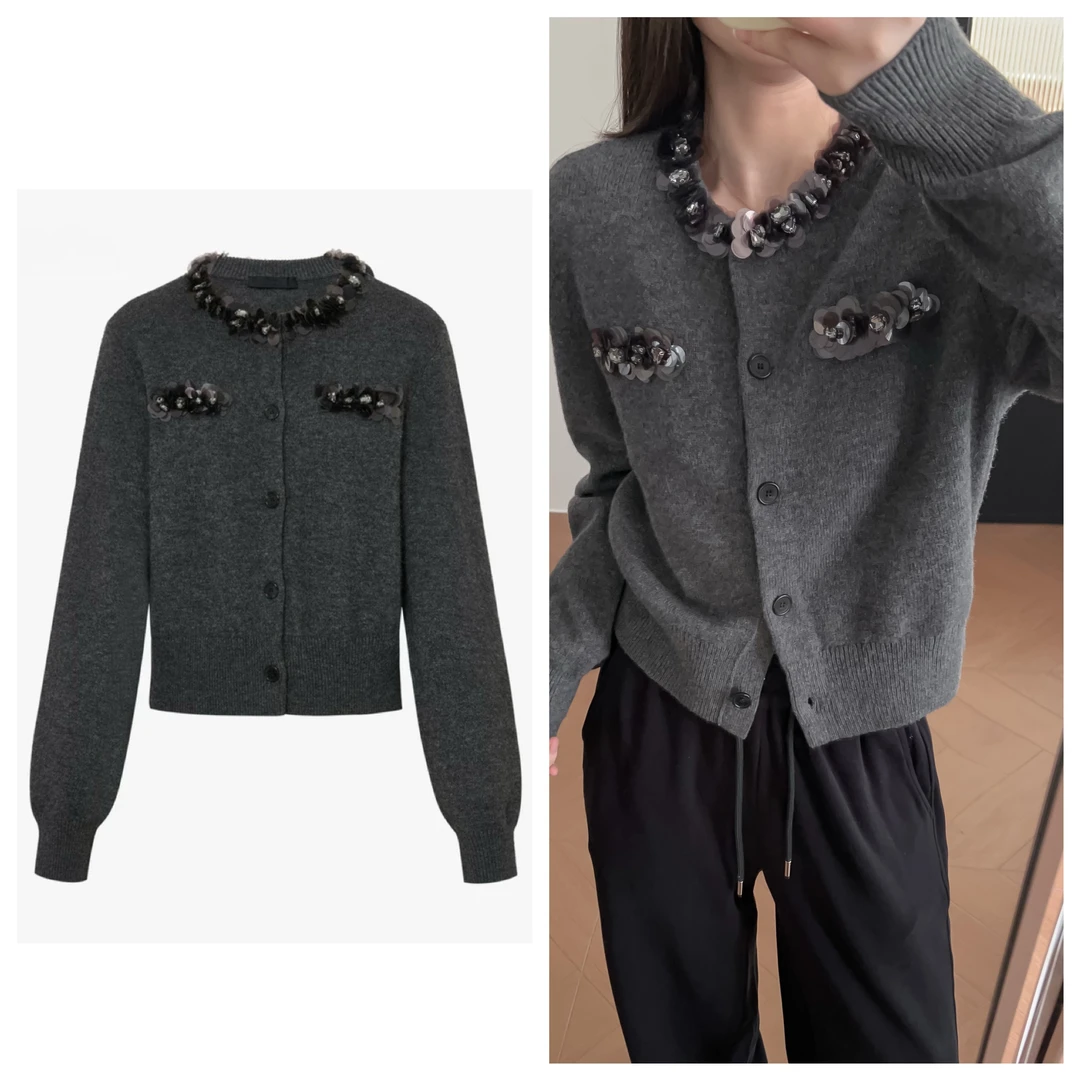 10870【MC订单】亮片针织衫开衫2024冬绵羊毛山羊绒全手工珠片绣