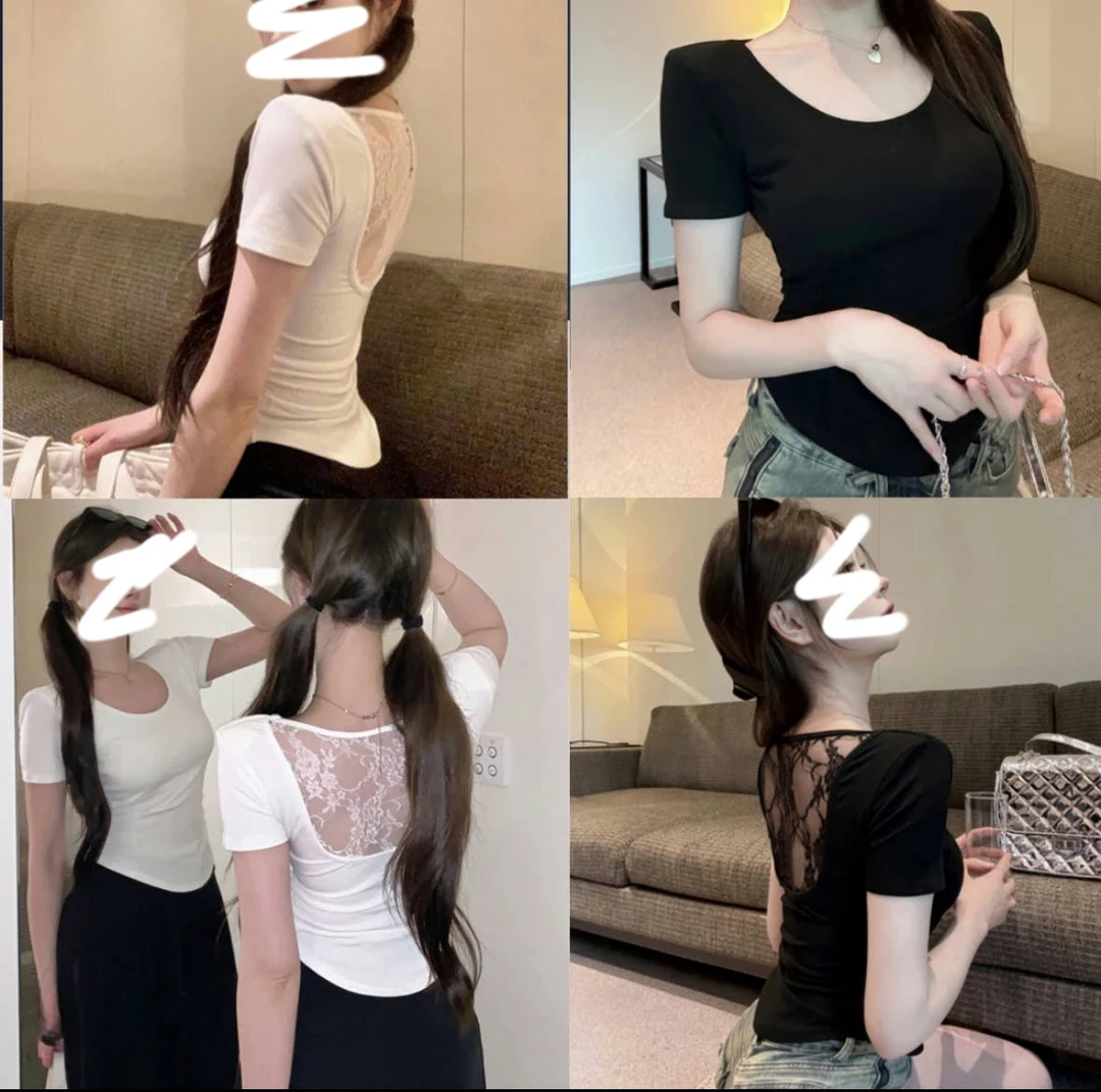 Zi Crown/紫皇冠A037纯欲辣妹风蕾丝短袖后背镂空修身褶皱打底衫