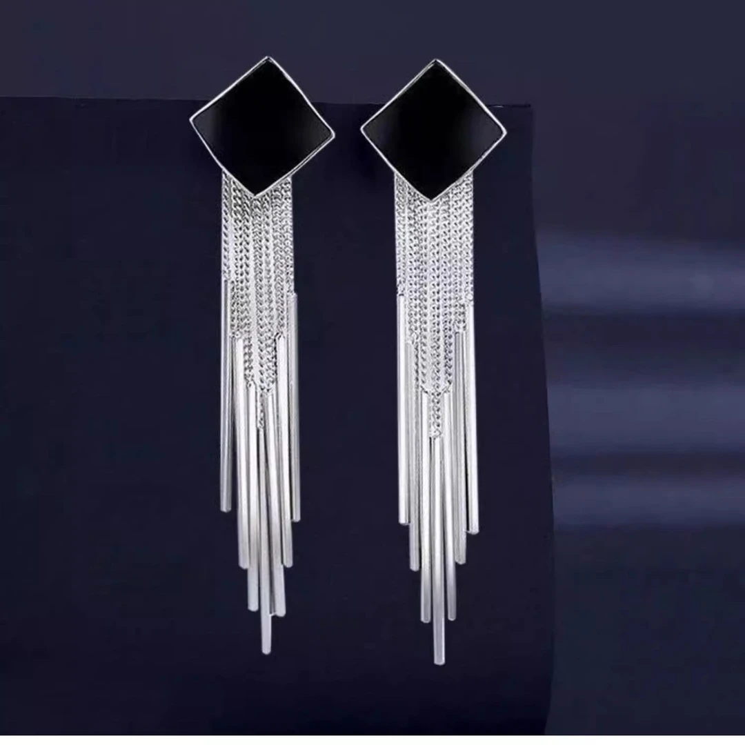 合金耳饰 新款高气质黑色方形流苏长款耳饰网红耳坠高级感耳环
