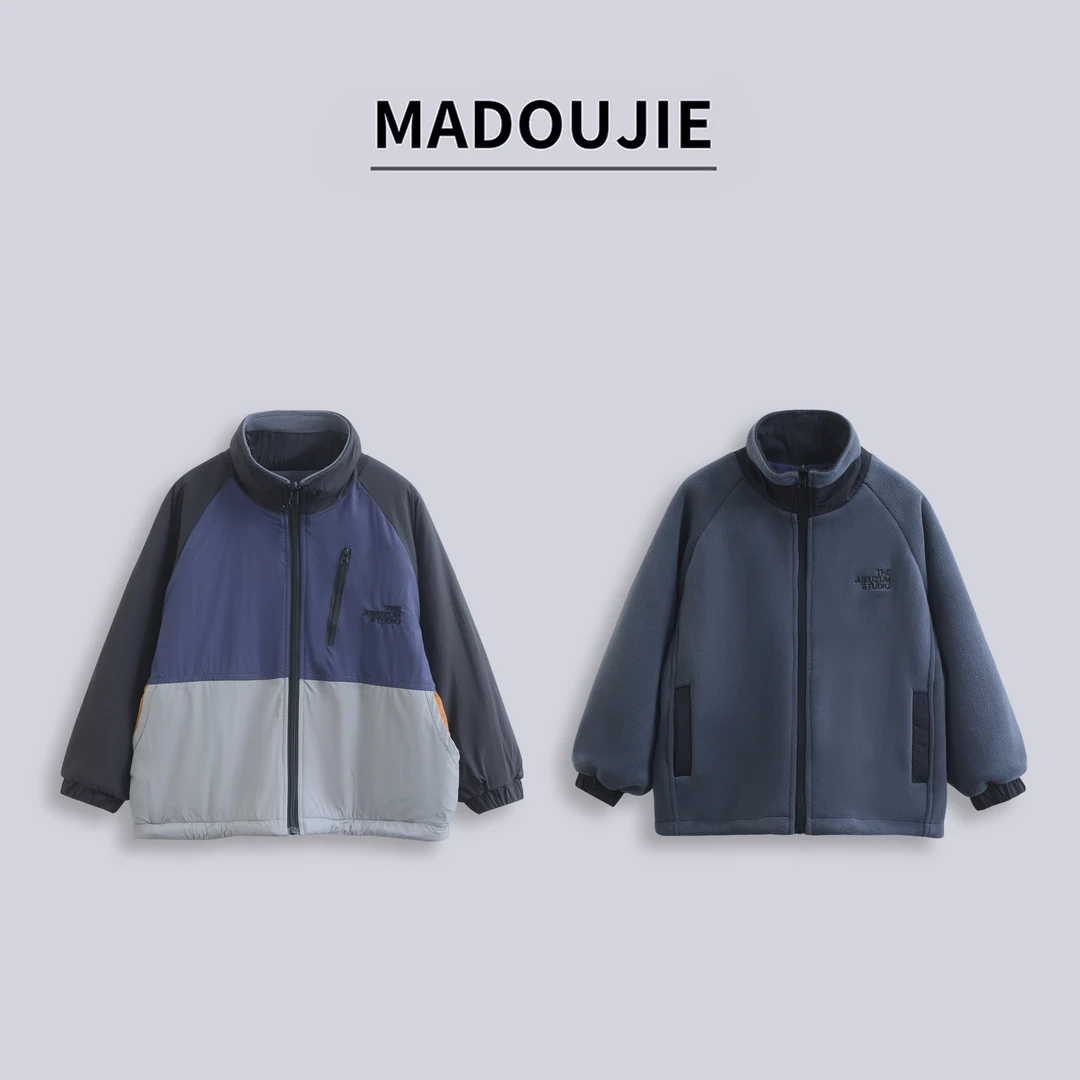 Z011【两面穿外套】25新款户外男童软糯加厚字母口袋拼接外套EX022