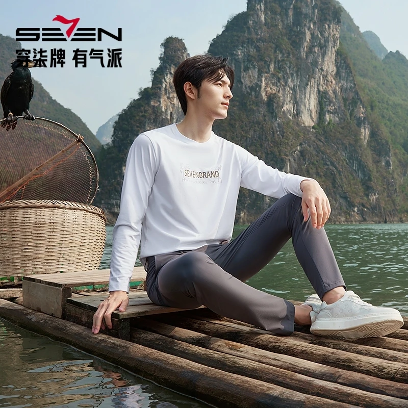 柒牌T恤印花字母2025春秋季新款T恤圆领钓鱼夏季户外运动宽松弹力
