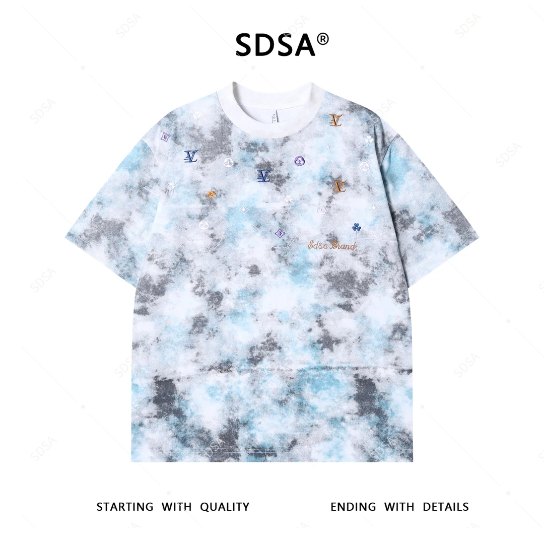 夏季高级感新款男士潮牌扎染撞色刺绣字母圆领短袖T恤宽松上衣