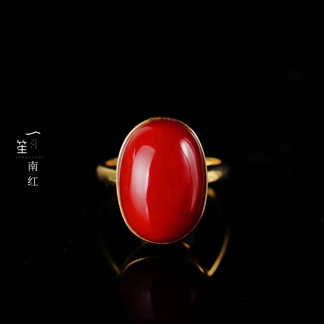 【一笙珠宝】天然原矿南红牛血红锦红蛋面戒指 YS23303