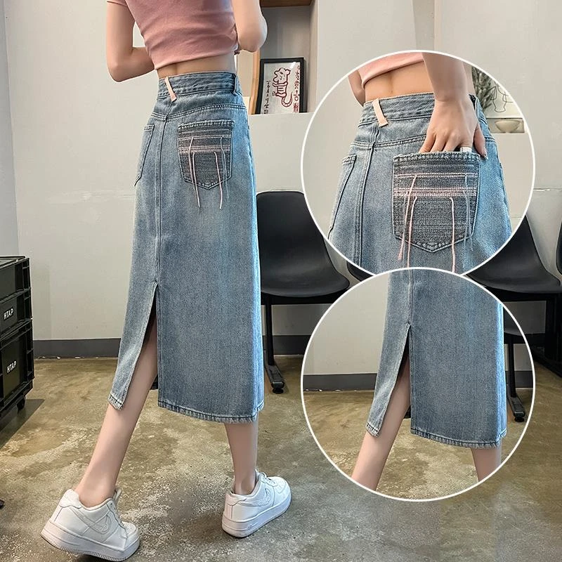 后开叉牛仔半身裙女2025新款夏季包臀高腰a字遮肚子遮胯过膝长裙