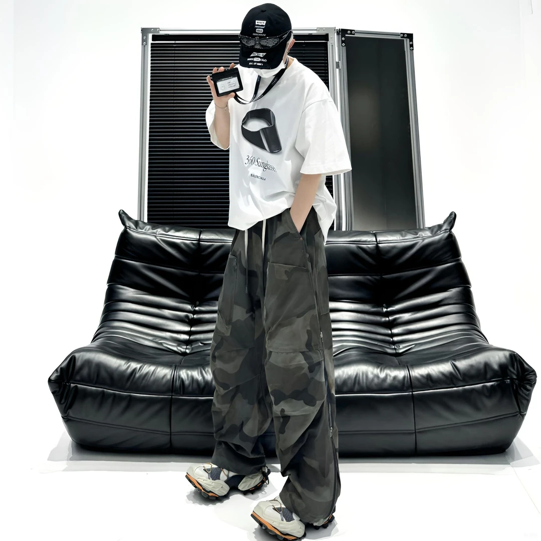 春夏美式潮牌机能风工装裤复古洗旧迷彩裤男多口袋宽松直筒休闲裤