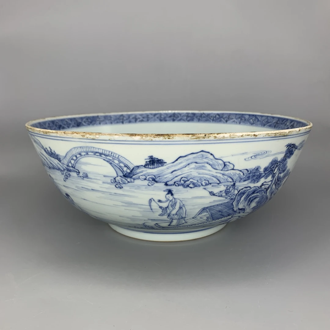 62509233*清雍正青花山水人物纹大碗/瓷器四/江苏省文物总店/J