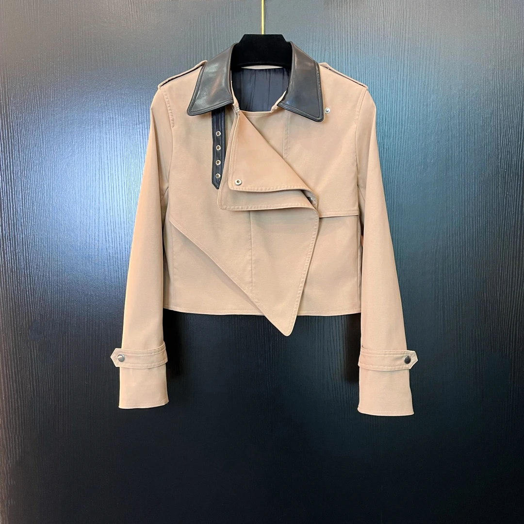 25早春轻奢翻领高定气质百搭时尚卡其色皮衣外套女款·D0181