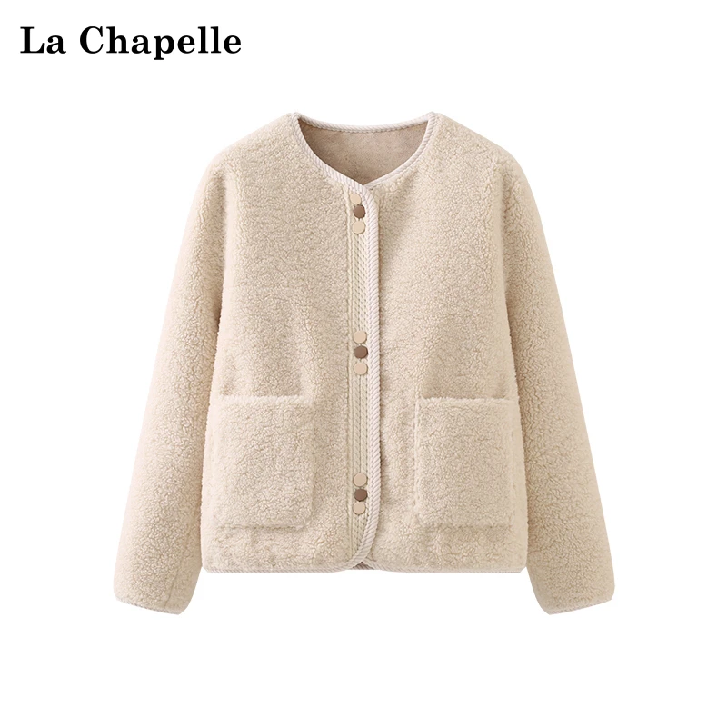 拉夏贝尔米白圆领仿羊羔毛加厚保暖皮毛一体短外套女春季新款时尚