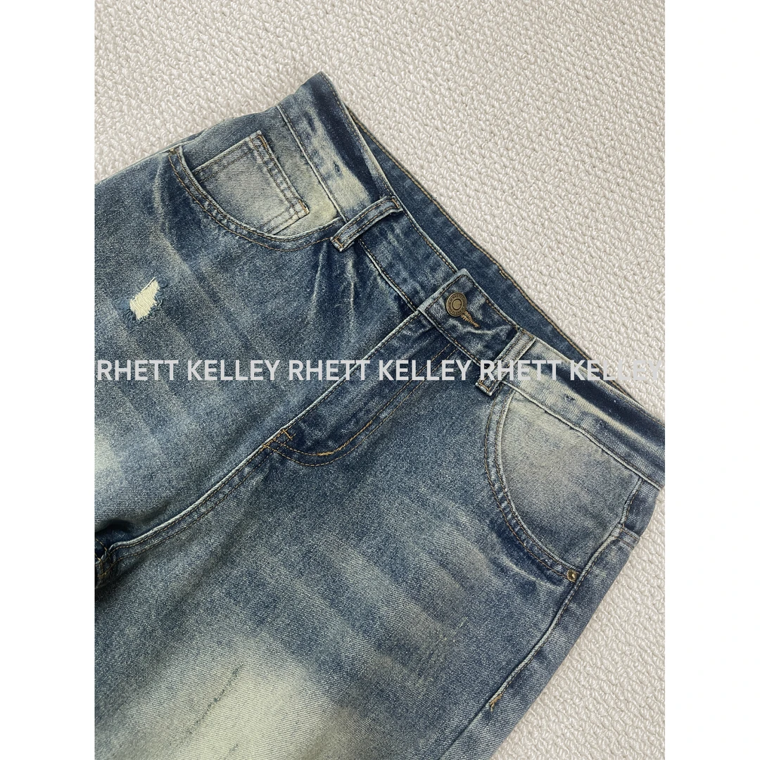 『荷夏笼烟 抗皱挺阔』水洗复古猫须破洞垂坠感阔腿休闲直筒牛仔裤