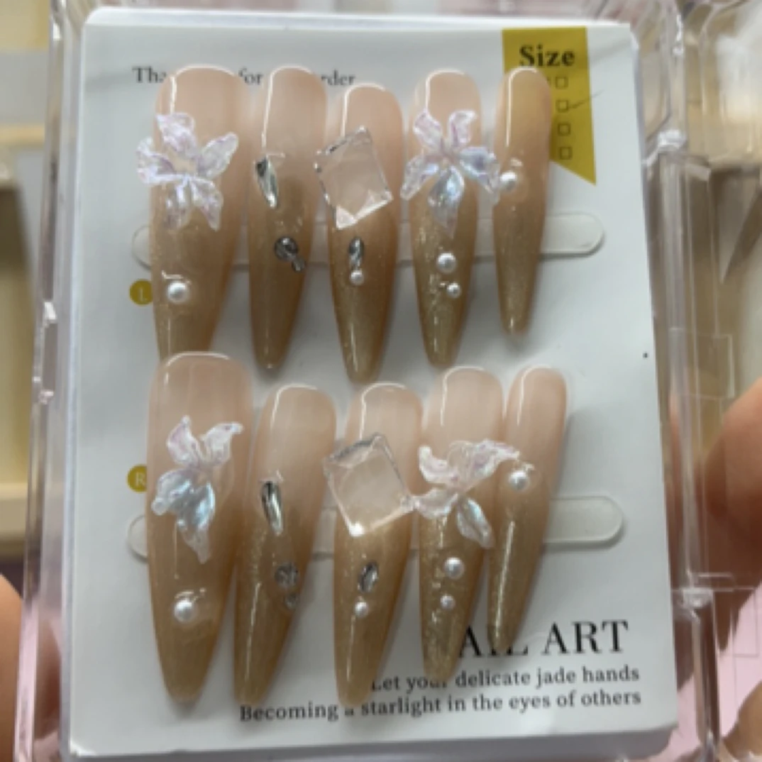 纯手工穿戴甲2025新款粉色中长款穿戴式冰透猫眼