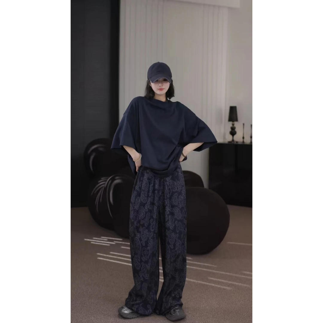 卢尚藏青色腰果花拖地裤25666