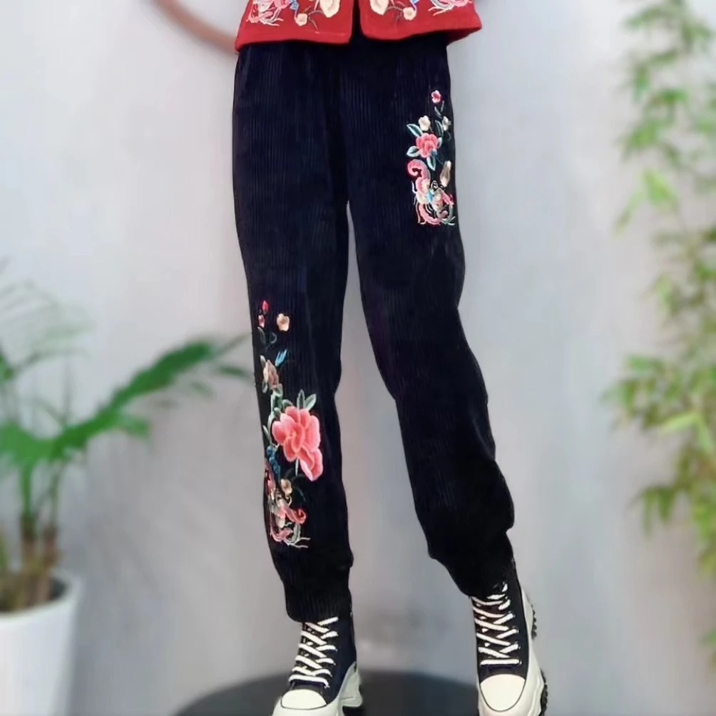 （裤长94左右）雪尼尔裤子女秋冬中国风宽松束脚裤休闲裤2309