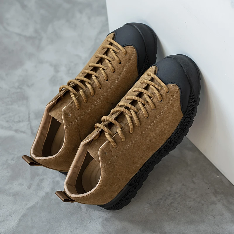 耐磨透气！2025春夏新款真皮复古板鞋男时尚厚底棕色户外休闲鞋男