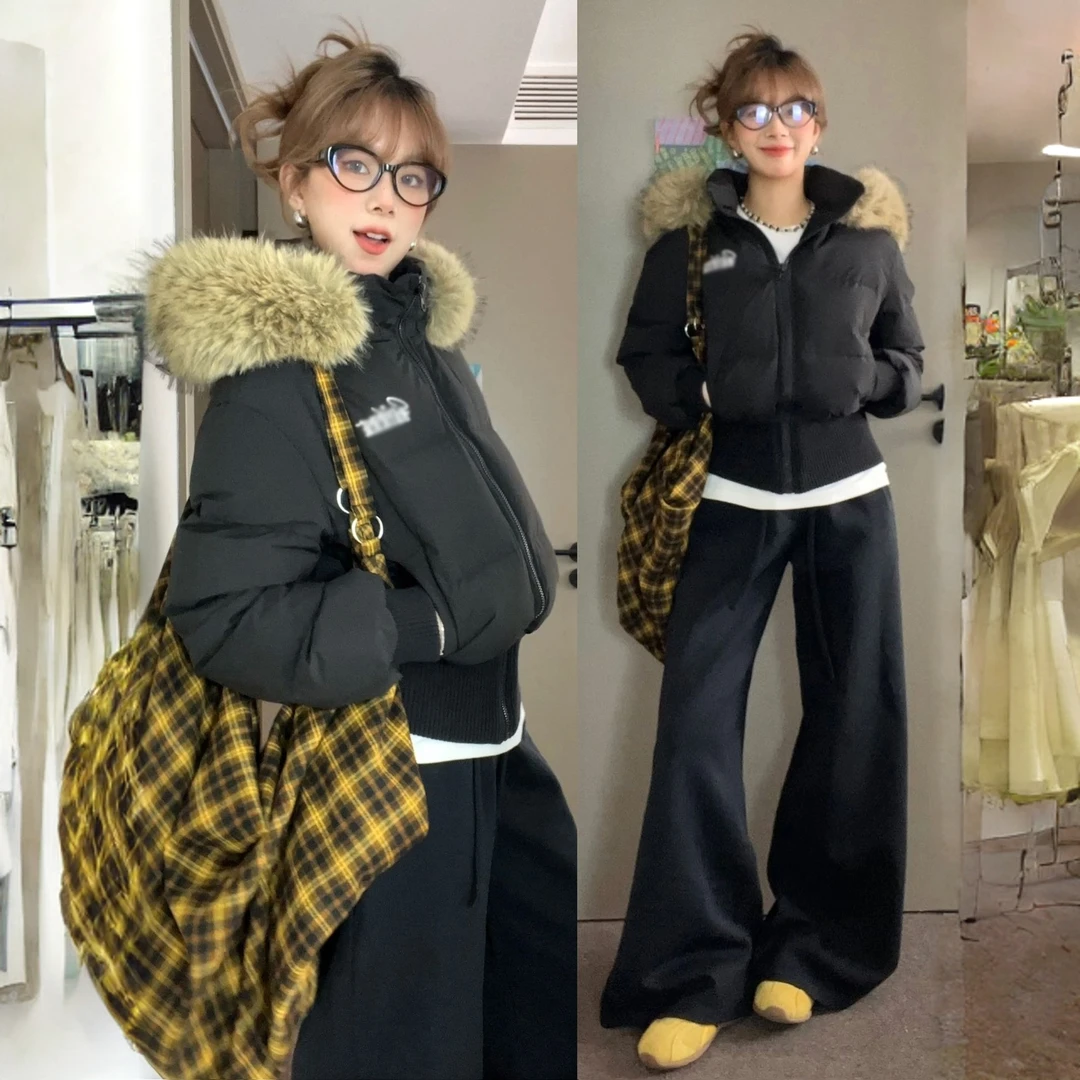 黑色大毛领连帽短款棉服女2025年冬季韩版新款棉衣小个子加厚外套