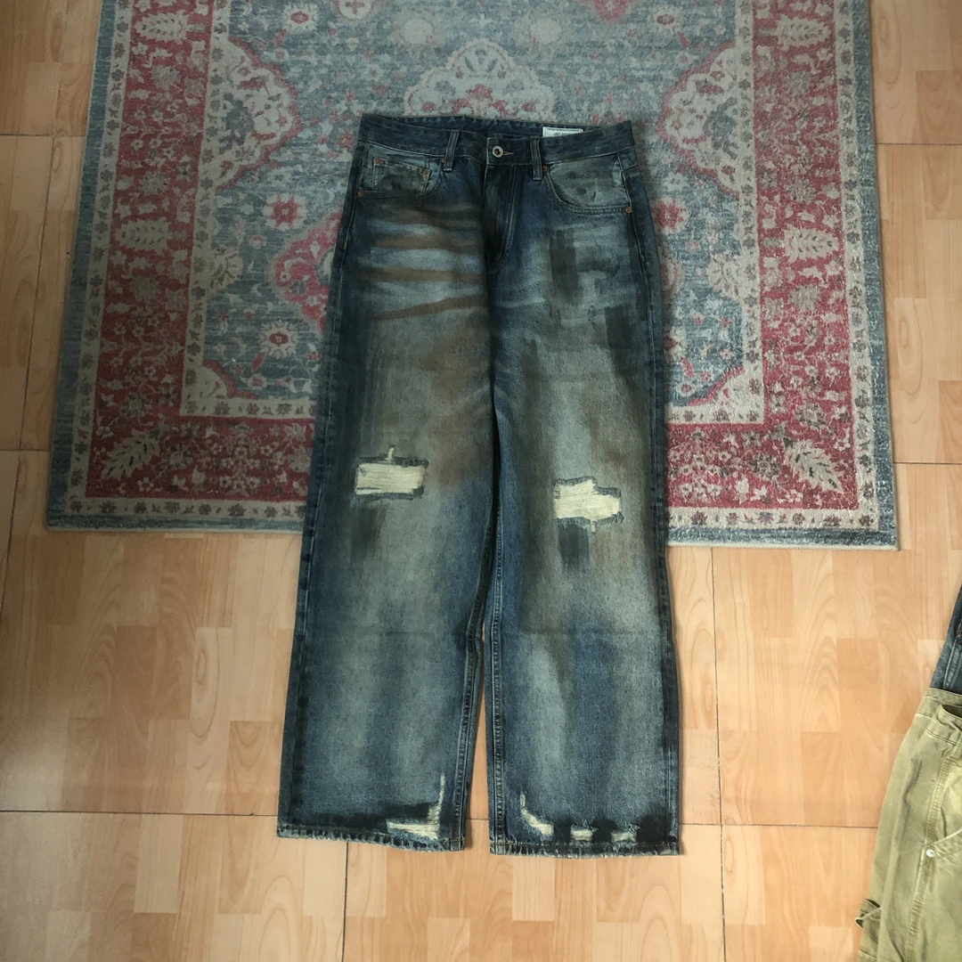 潮集商店复古破坏做旧牛仔裤7012