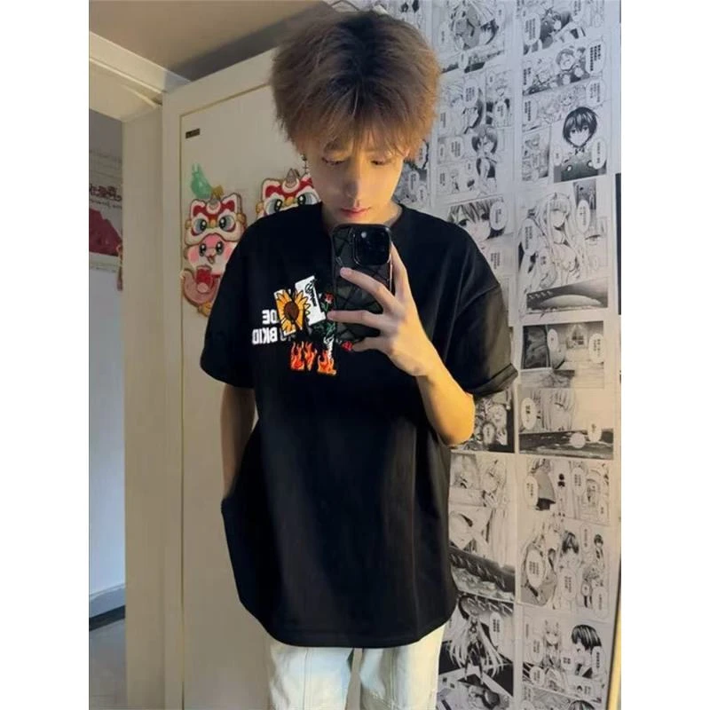 美式重磅情侣新款小众刺绣魔术短袖夏季T恤男女宽松帅气半袖上衣