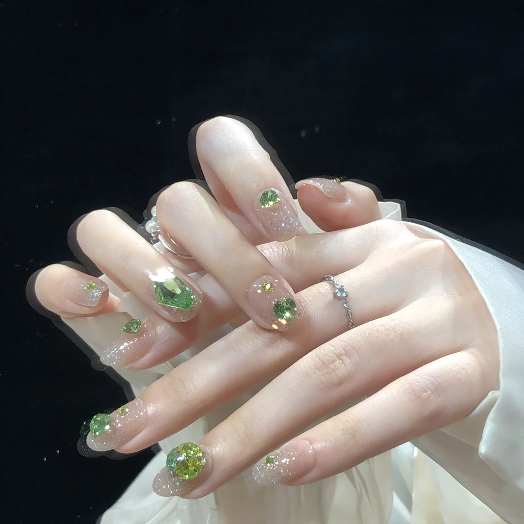 喵公子【绿光森林】【施家全华钻】纯手工穿戴甲可拆卸美甲光疗甲