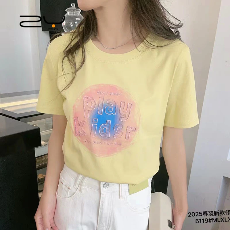 双鱼汇依2025新款字母短袖圆领新疆长绒棉防晒T恤小众ol韩版