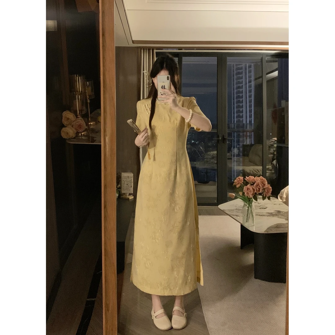 【9883】夏季新款改良国风修身显瘦旗袍裙女提花盘扣气质长裙