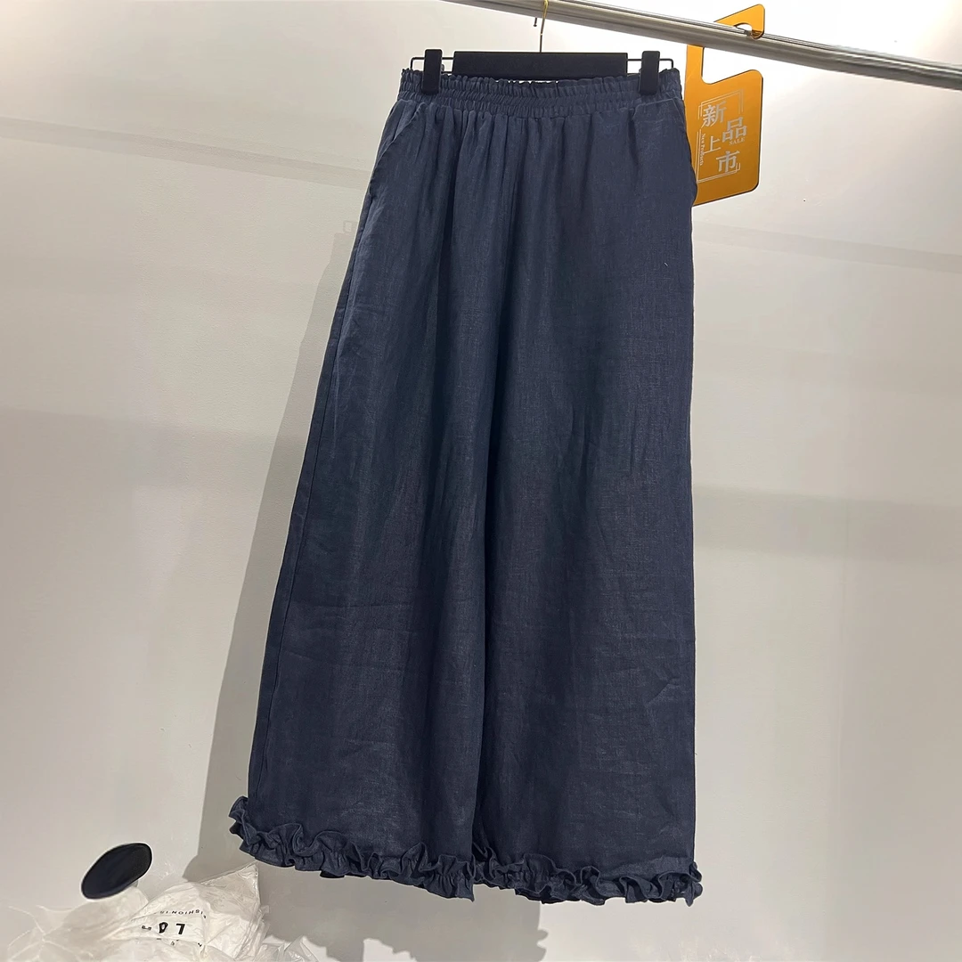 高端欧货2025年夏季新款松紧高腰木耳边亚麻时尚休闲阔腿裤长裤女
