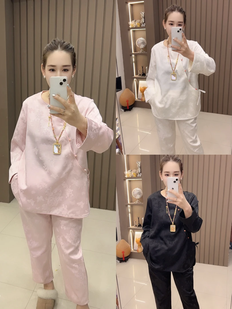 时尚中式网红长袖春季宽松中国风提花盘扣圆领新中式打底上衣6610