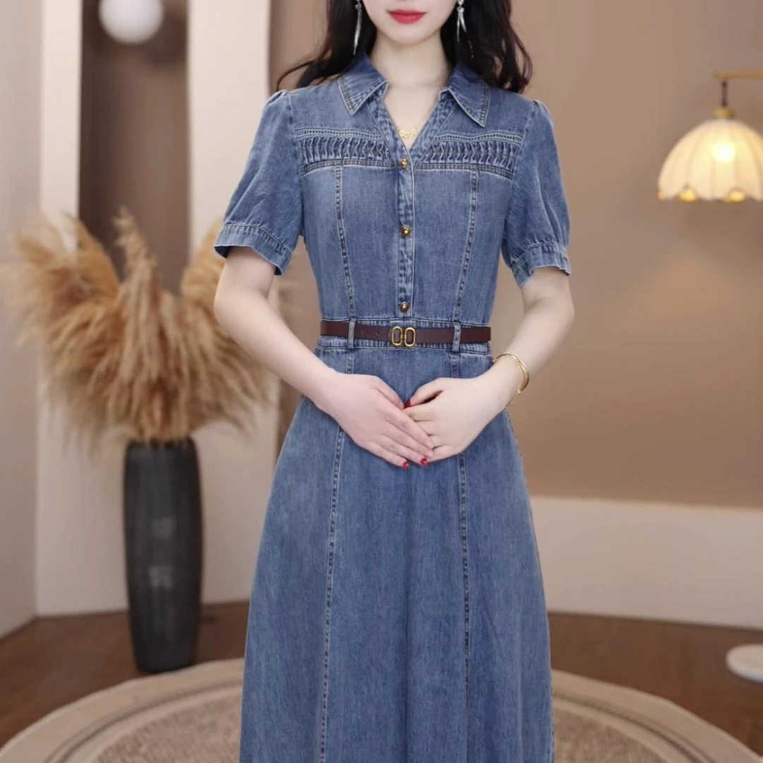 2025春夏季牛仔V领短袖连衣裙优雅气质时尚减龄收腰显瘦