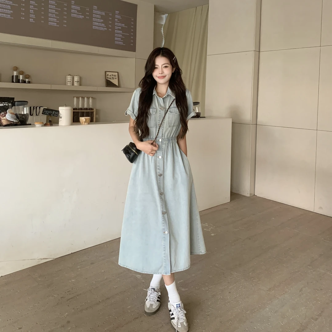 大码女装夏季短袖牛仔连衣裙胖mm收腰遮肉显瘦中长裙
