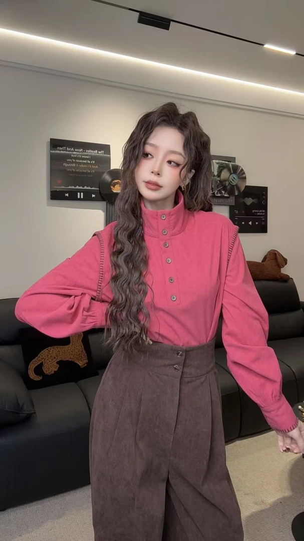 【叛逆甜心】港风复古编织撞色牙口小众时髦灯芯绒加绒衬衫  L-015