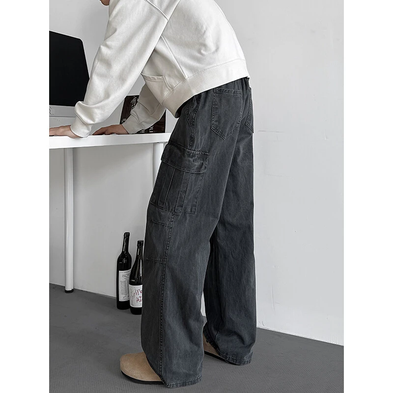 美式水洗工装裤男春秋季小众宽松直筒阔腿裤多口袋设计伞兵休闲裤