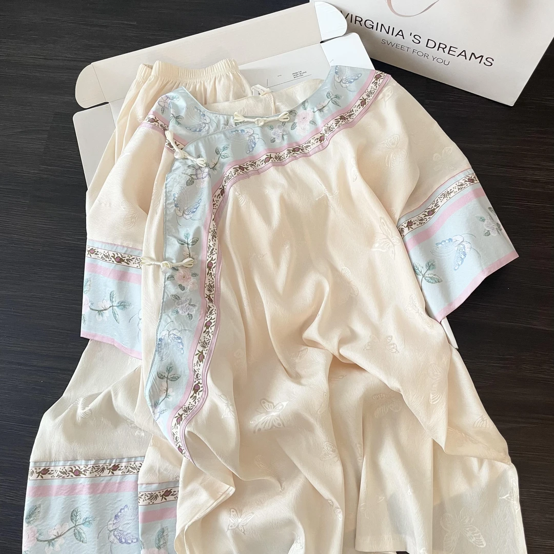 宫廷古风复古中式花边短袖睡衣女夏季新款长裤套装高级感家居服夏