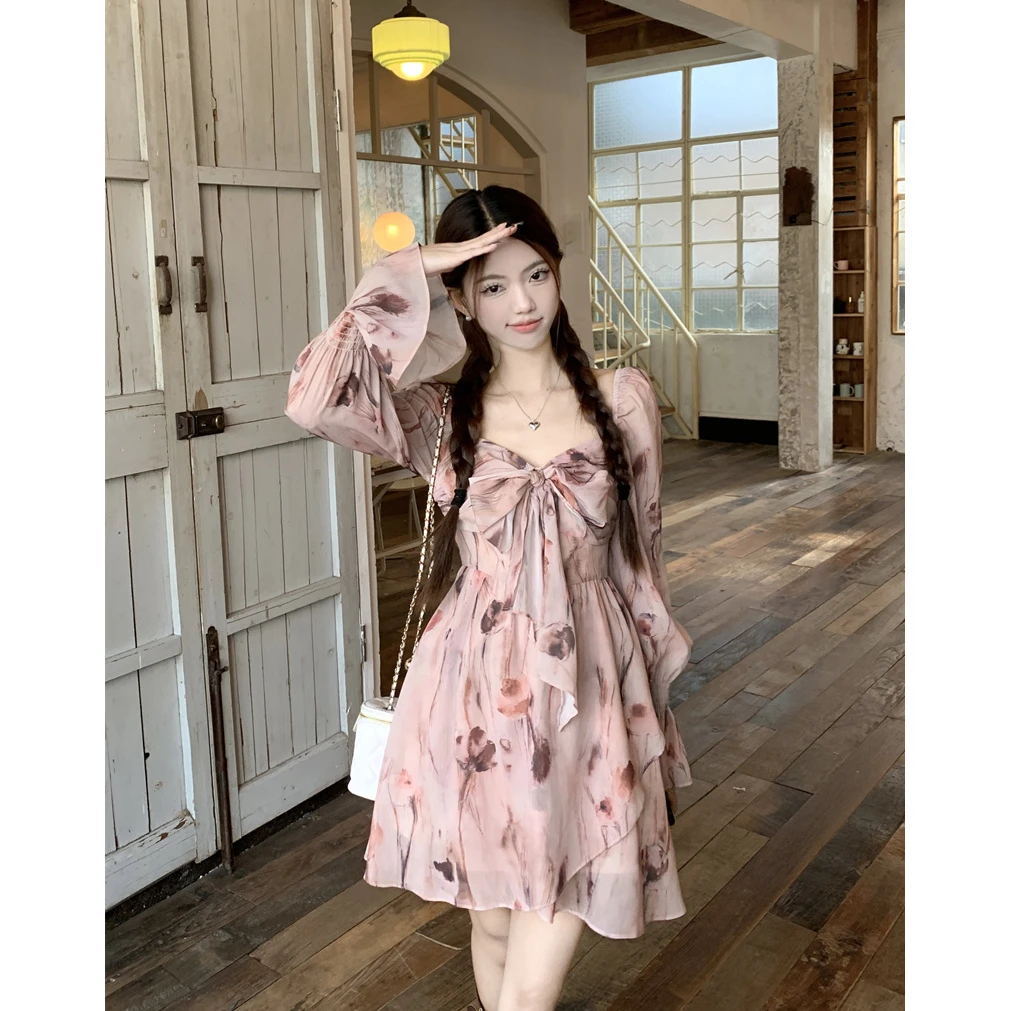 【运补6-8】法式碎花长袖连衣裙高级感2025春夏新款微胖显瘦辣妹裙