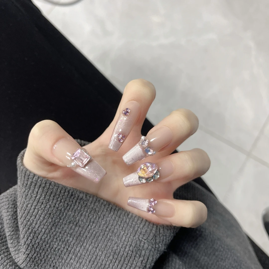 【桃花运】长中短猫眼穿戴甲高级感带钻轻著显白手工美甲贴片