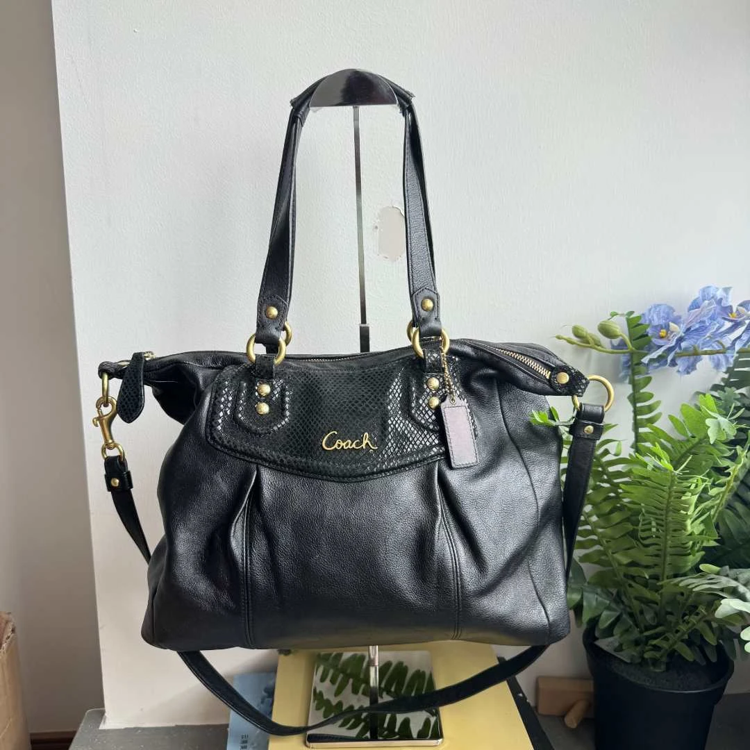 90新 COACH/蔻驰 中古黑色全皮拼蛇皮手提单肩斜挎包097