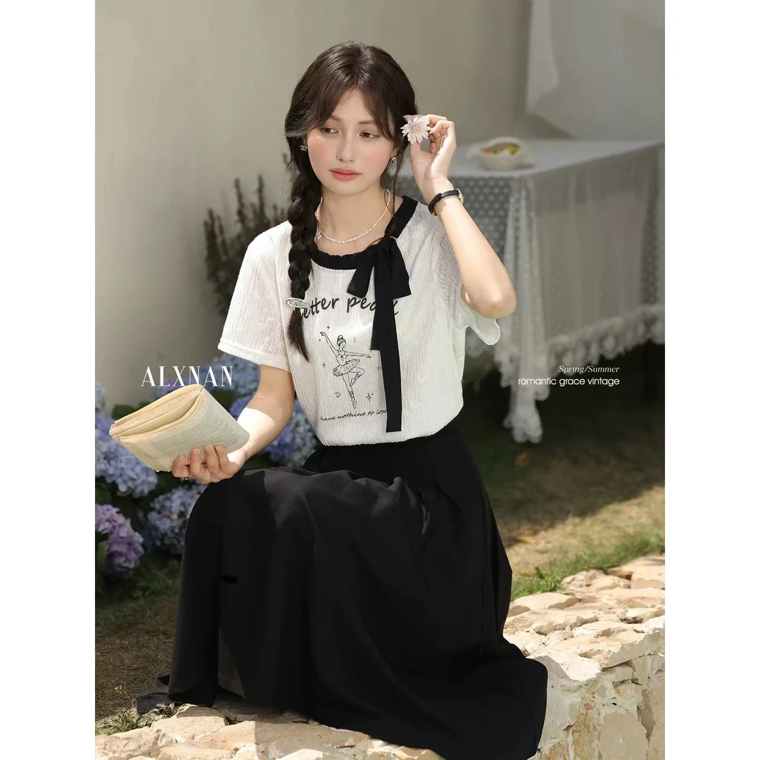 大码女装夏季新款气质蝴蝶结短袖T恤设计感撞色上衣6312