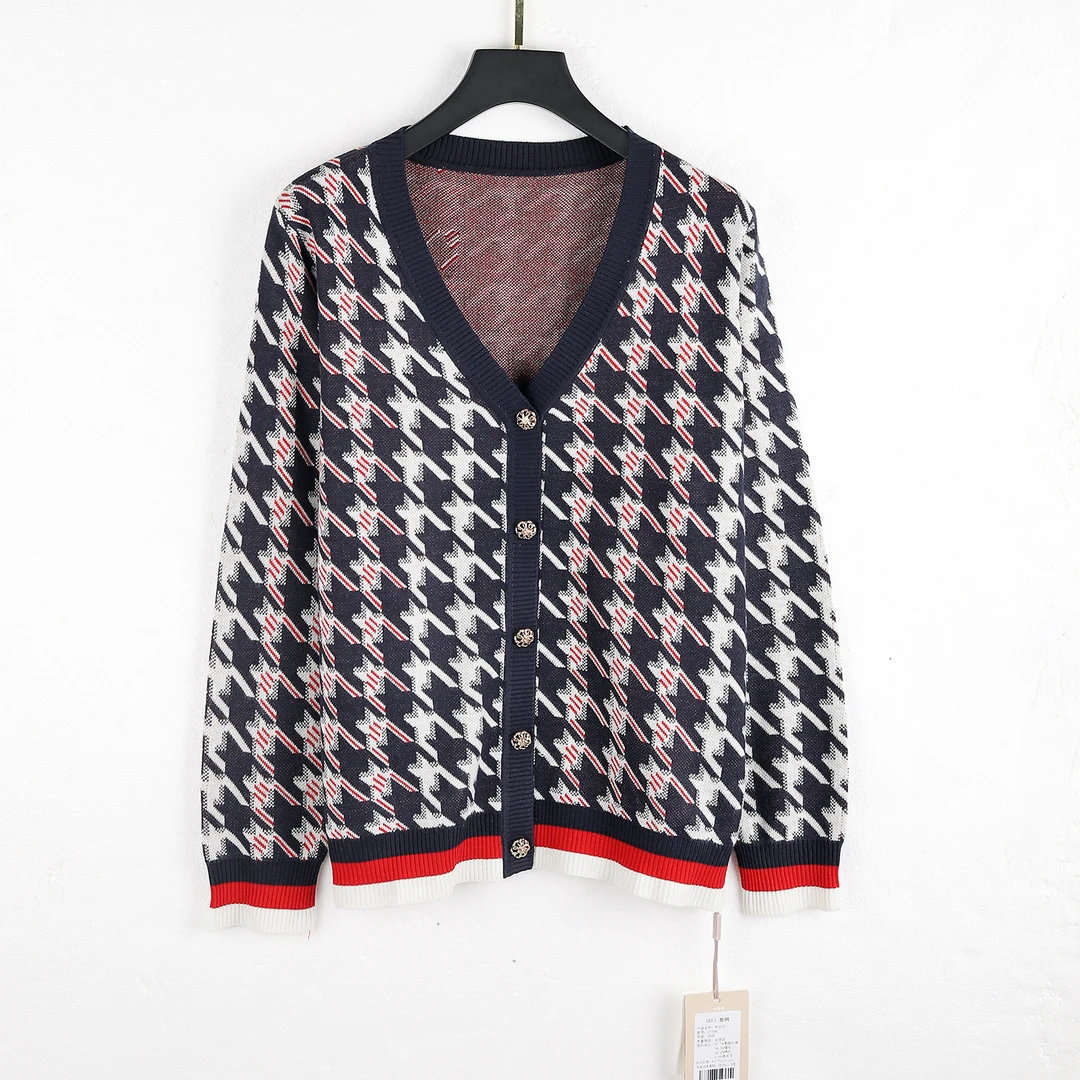 【春季新款】 C7799蓝色高端轻奢复古千鸟格拼色设计感气质针织开衫