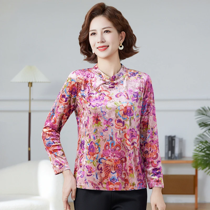 春秋新款长袖t恤女国风新中式女装旗袍上衣妈妈时尚洋气印花小衫
