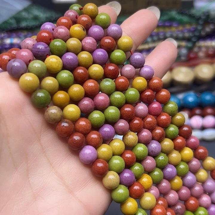 石英质玉未镶嵌珠宝半成品T196  8m天然彩虹色阿拉善圆珠一条