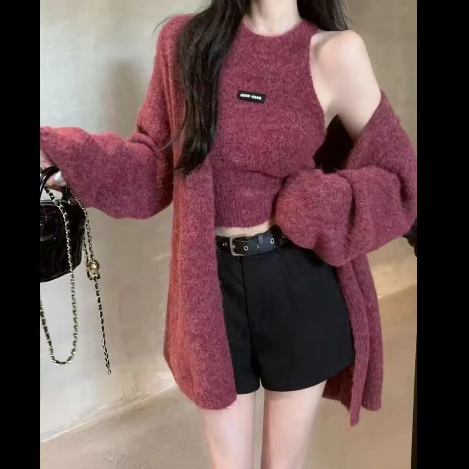 慵懒风紫色毛衣外套女秋冬中长款针织开衫挂脖上衣吊带背心两件套