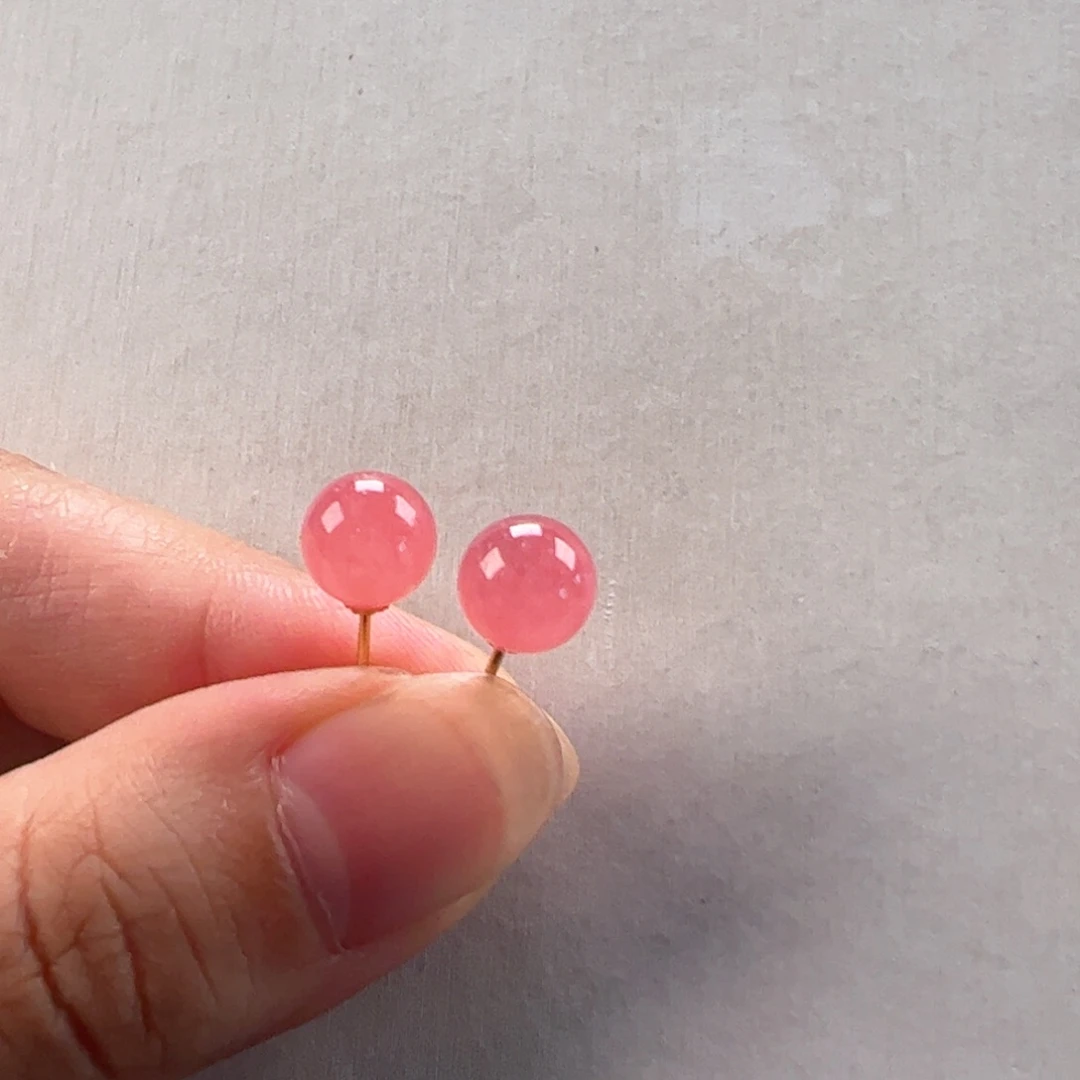 菱锰矿（红纹石）18K金镶嵌耳饰