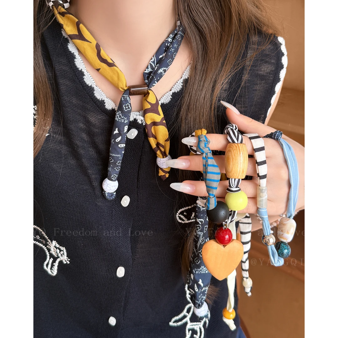 非金属布艺项链 趣味拼接可调节项链女设计感锁骨链多层缠绕配饰