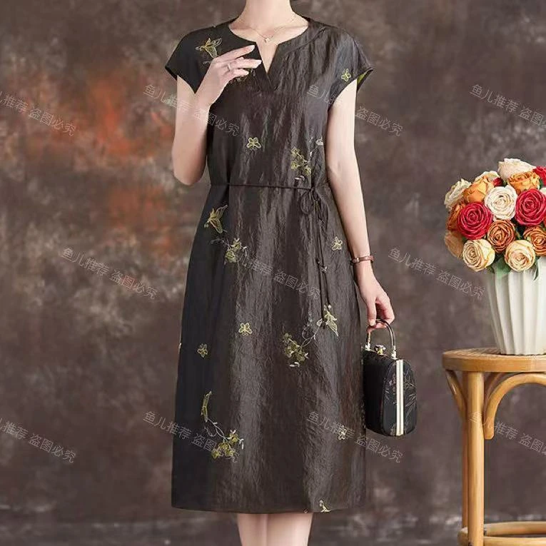 蝴蝶刺绣·高端飞飞袖系带桑蚕丝洋气休闲连衣裙31955GR